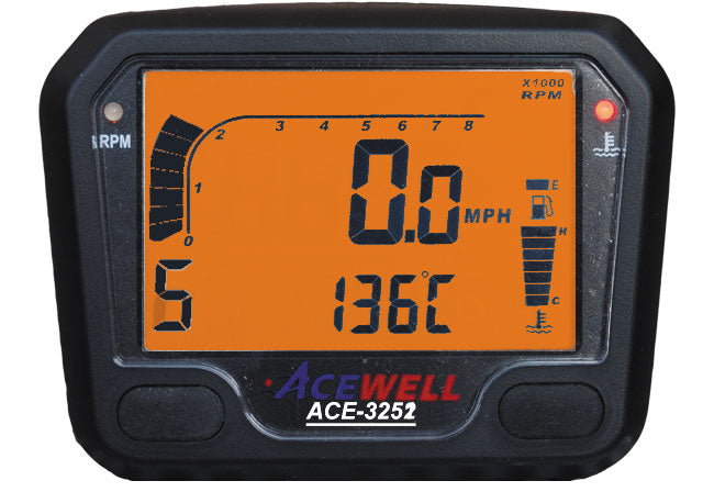 ACE-3252 Acewell Digital Speedometer, RPM, Temp, Fuel, Volts - Silver with gear indicator