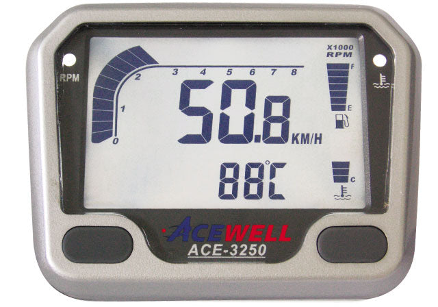 ACE-3254 Acewell Digital Speedometer, RPM, Temp, Fuel, 12 / 24 Volts - Silver with gear indicator