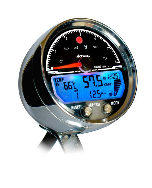 ACE-4354CP Acewell Round CNC Digital Speedometer with 6000RPM analogue scale, chrome billet case