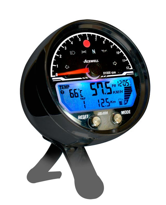 ACE-4554AB Acewell Round CNC Digital Speedometer with 12000RPM analogue scale, black billet case
