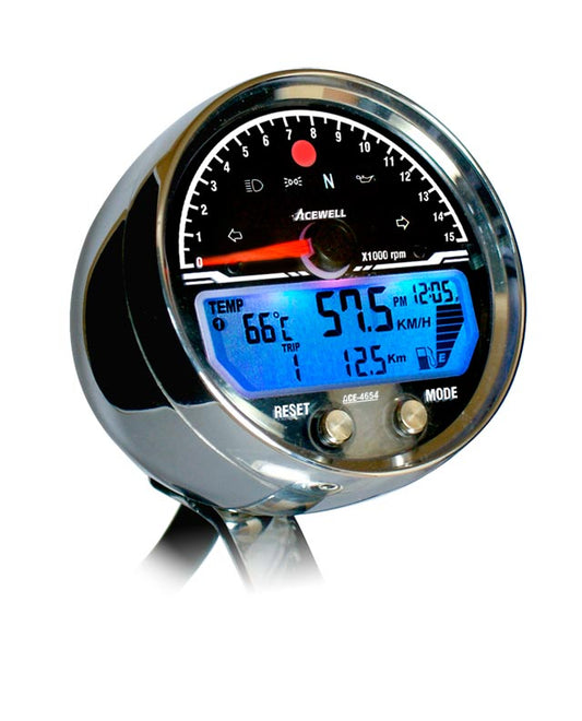 ACE-4654CP Acewell Round CNC Digital Speedometer with 15000RPM analogue scale, chrome billet case