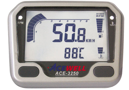 ACE-3254 Acewell Digital Speedometer, RPM, Temp, Fuel, 12 / 24 Volts - Silver with gear indicator